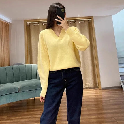 V-neck pure cashmere sweater women autumn and winter loose and