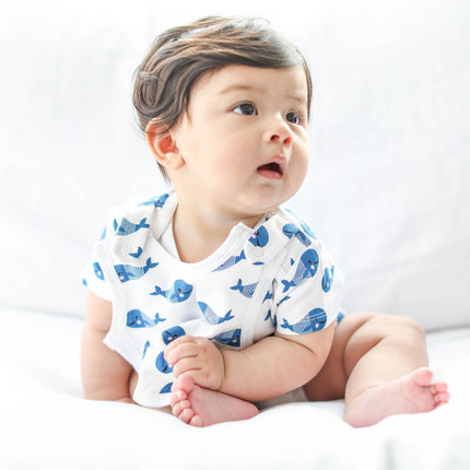 Smart Short Sleeve Baby Bodysuit + Bib - Blue Whale