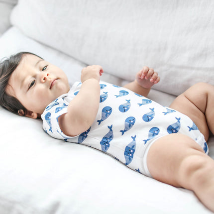 Smart Short Sleeve Baby Bodysuit + Bib - Blue Whale