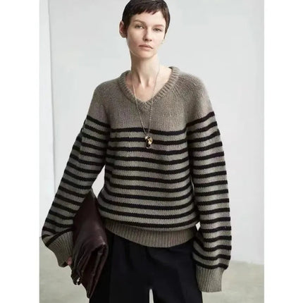 High-end V-neck striped 100% wool knitted sweater loose pullover