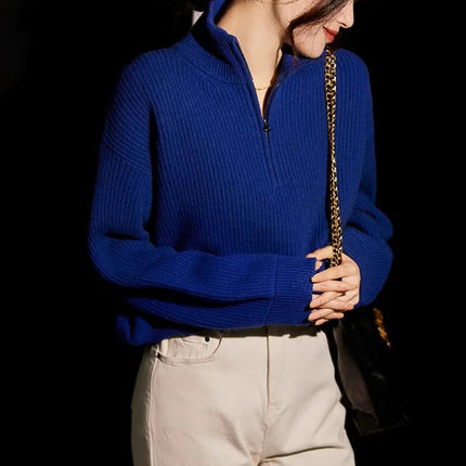 100% pure cashmere sweater women's half zip stand collar thick loose