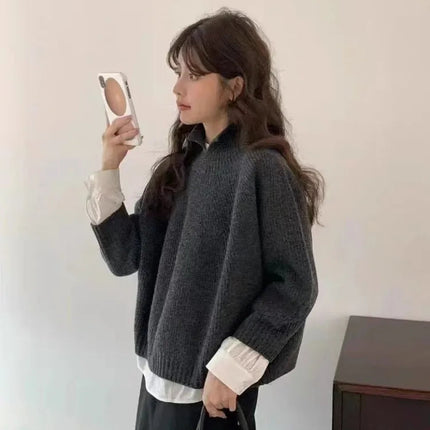 Half-open high-neck three-quarter sleeve cashmere sweater women loose