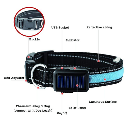 USB and Solar Charge Reflective Led Dog Collar