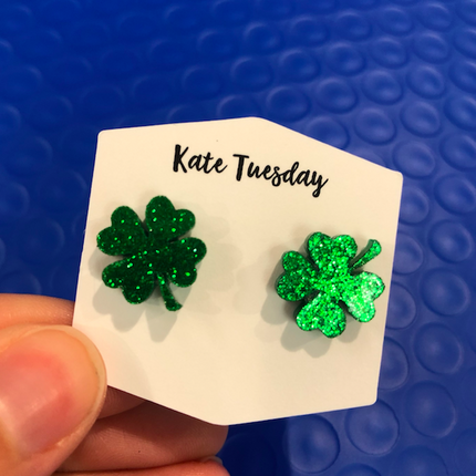 Glitter Acrylic St. Patties Day Clover Earrings 4 Leaf