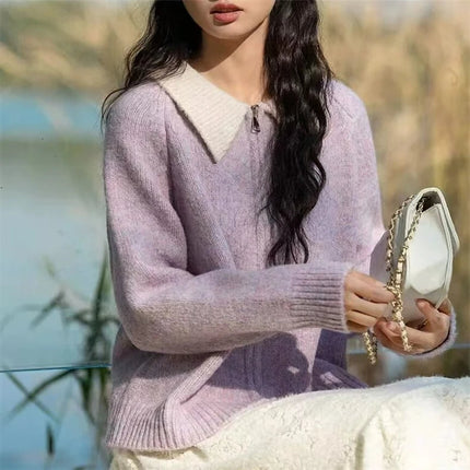 Color-blocked lapel 100% cashmere cardigan women's knitted sweater