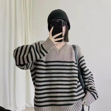 High-end V-neck striped 100% wool knitted sweater loose pullover