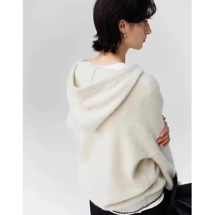 High-end half-zipper hooded 100% cashmere knitted sweater women loose