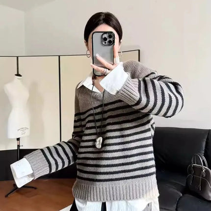 High-end V-neck striped 100% wool knitted sweater loose pullover
