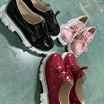 Thick Heel Flat Platform Oxford Women Shoes Black/Red/Pink