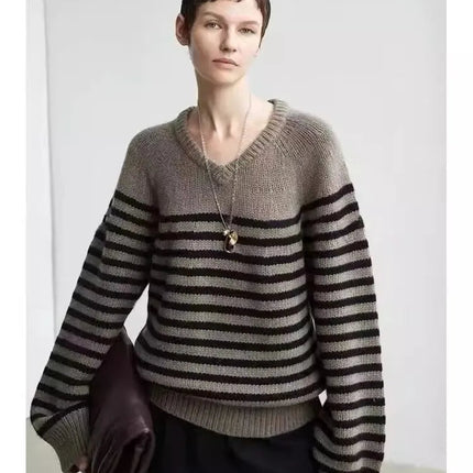 High-end V-neck striped 100% wool knitted sweater loose pullover