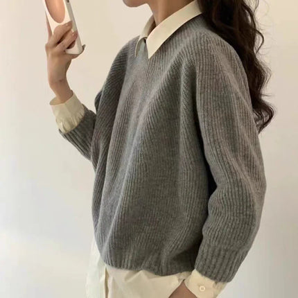 Half-open high-neck three-quarter sleeve cashmere sweater women loose