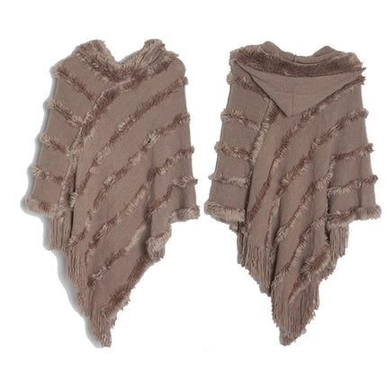Women Winter Knit Hooded Poncho Cape Lady Spring Fringed Shawl Wrap
