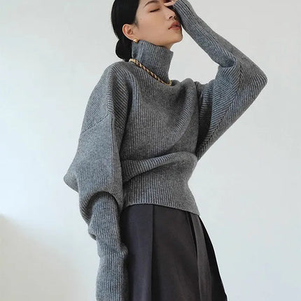 French retro high-neck pullover pure wool sweater women's short