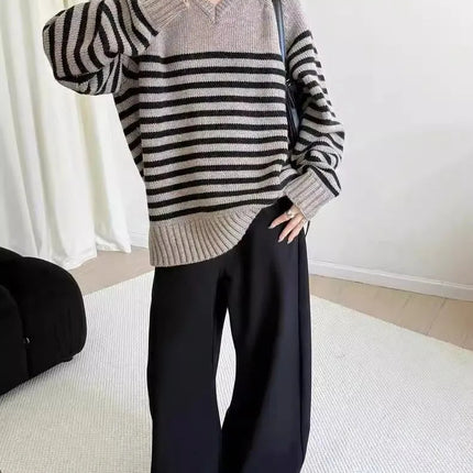High-end V-neck striped 100% wool knitted sweater loose pullover