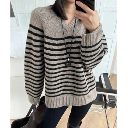 High-end V-neck striped 100% wool knitted sweater loose pullover