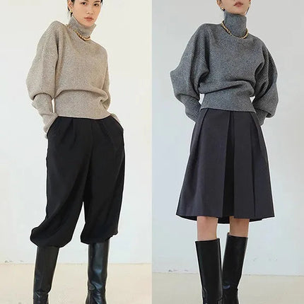 French retro high-neck pullover pure wool sweater women's short
