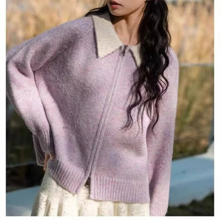 Color-blocked lapel 100% cashmere cardigan women's knitted sweater