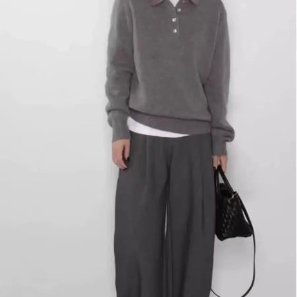 Elegant POLO semi-open neck 100%wool knitted sweater women loose