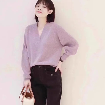 V-neck pure cashmere sweater women autumn and winter loose and