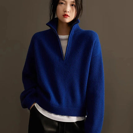 100% pure cashmere sweater women's half zip stand collar thick loose
