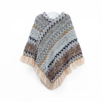 Patchwork Shawl Knitted Striped Print Cardigans Women Poncho Autumn