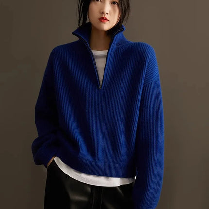 100% pure cashmere sweater women's half zip stand collar thick loose