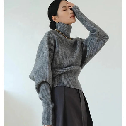 French retro high-neck pullover pure wool sweater women's short