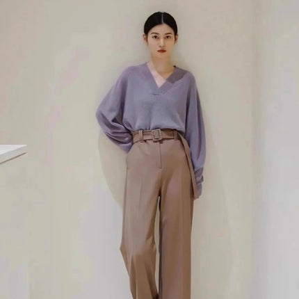 V-neck pure cashmere sweater women autumn and winter loose and