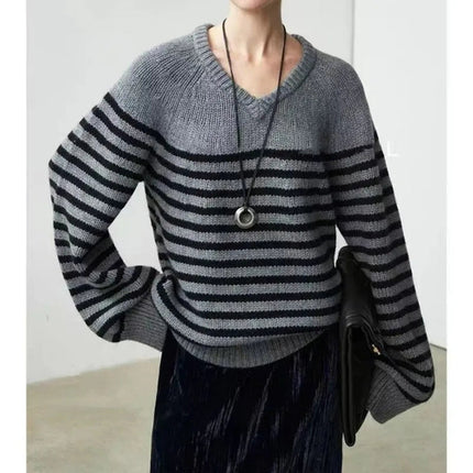 High-end V-neck striped 100% wool knitted sweater loose pullover