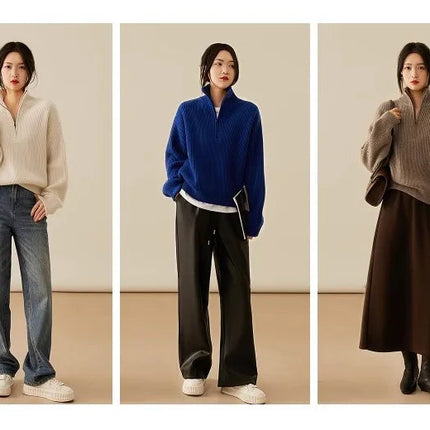 100% pure cashmere sweater women's half zip stand collar thick loose