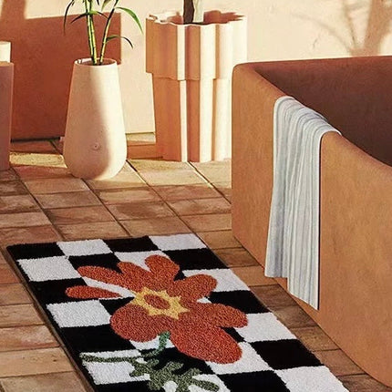 Soft Contemporary Floral Checker Bath Rug, Absorbent, Anti-slippery