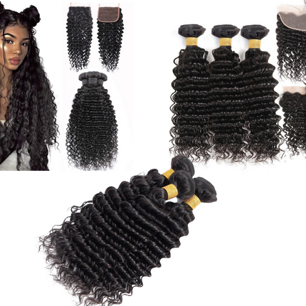 10A Grade 3/4 Deep Wave Human Hair bundles with 4x4 Closures & 13x4 Fr