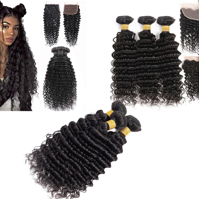 10A Grade 3/4 Deep Wave Human Hair bundles with 4x4 Closures & 13x4 Fr