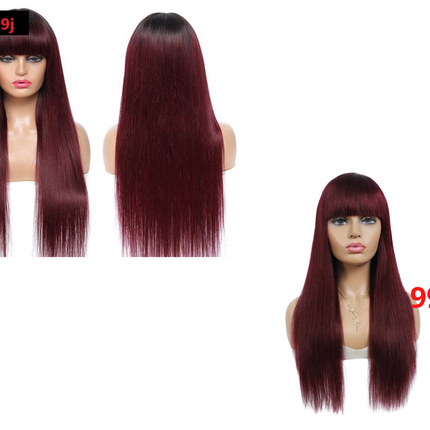 #1B/99J Brazilian Straight Human Hair Wigs with Bangs #99J No Glue Wig