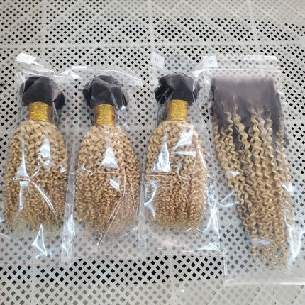 Blonde Kinky Curly #1B/613 Human Hair BUNDLES with CLOSURES & FRONTALS