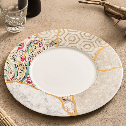 Silk Mosaic Porcelain Dinner Plate 11.25" Gold-Rimmed Kintsugi Style