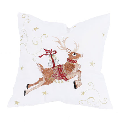 XD19820-Reindeer With Gifts Embroidered Christmas Pillow 14 by 14-Inch