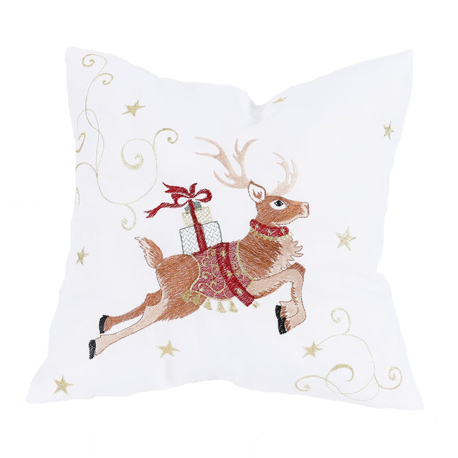 XD19820-Reindeer With Gifts Embroidered Christmas Pillow 14 by 14-Inch