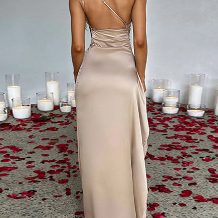 One Shoulder Satin Dress : High Slit