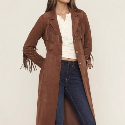 Fringe Lapel Collar Long Sleeve Coat