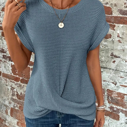 Short-sleeved Waffle T-shirt Summer New Solid Color Crew Neck Top For