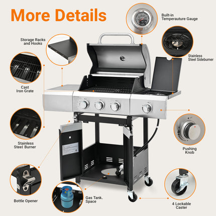 Propane Grill 3 Burner Barbecue Grill Stainless Steel Gas Grill With
