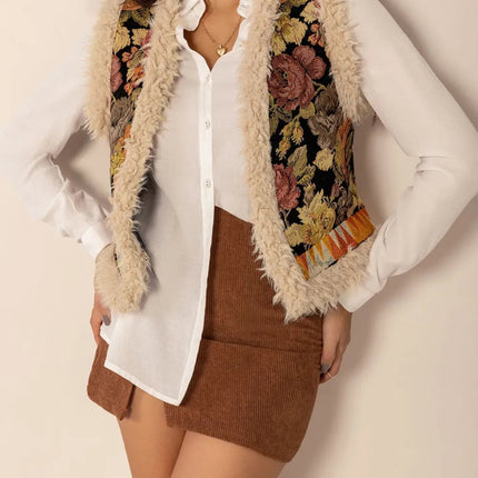 Embroidered Fuzzy Trim Open Front Vest Coat