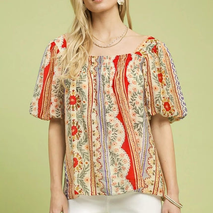 Umgee Patchwork Puff Sleeve Smocked Blouse