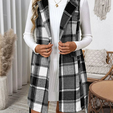 Perfee Tied Plaid Vest Coat
