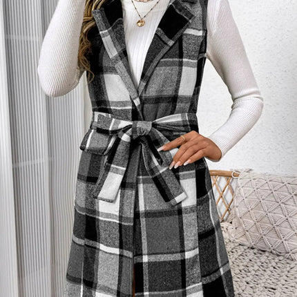 Perfee Tied Plaid Vest Coat
