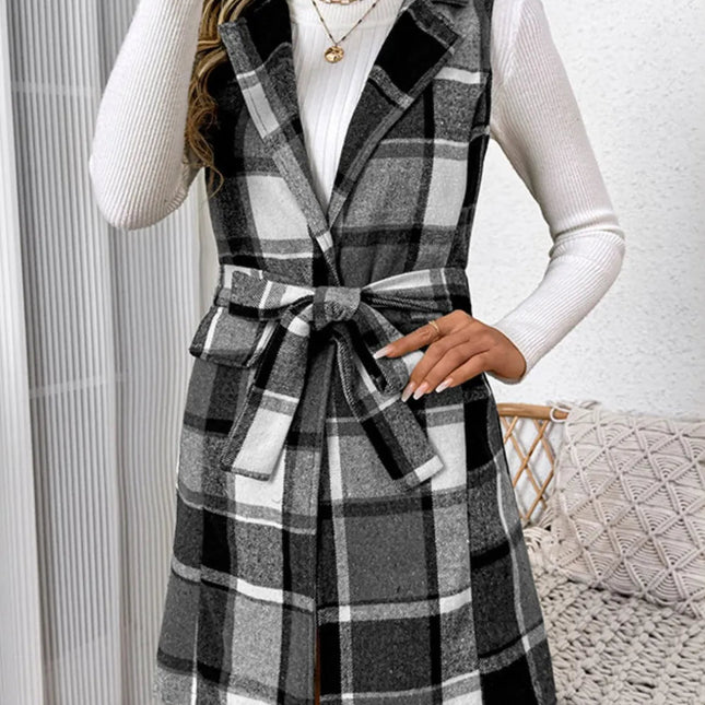Perfee Tied Plaid Vest Coat