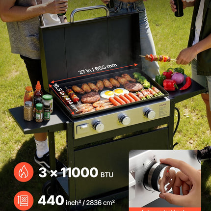 Gas Griddle, 3-Burner Flat Top Grill, Propane Griddle With Wheels,