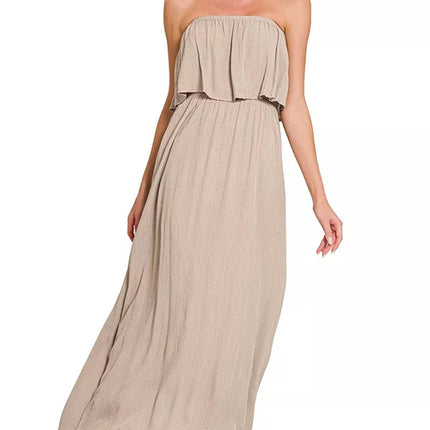 Zenana Woven Crinkle Strapless Maxi Dress