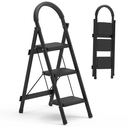 1Pc 3Step Foldable Ladder With Wide Anti-Slip Pedal Safety Locking